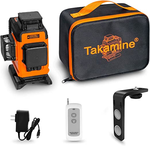 Takamine 16 Lines Laser Level Self Leveling 4x360° 4D Green Cross Line for Construction/Picture Hanging, Remote Controller, Rechargeable Li-ion battery, Magnetic Stand and portable bag